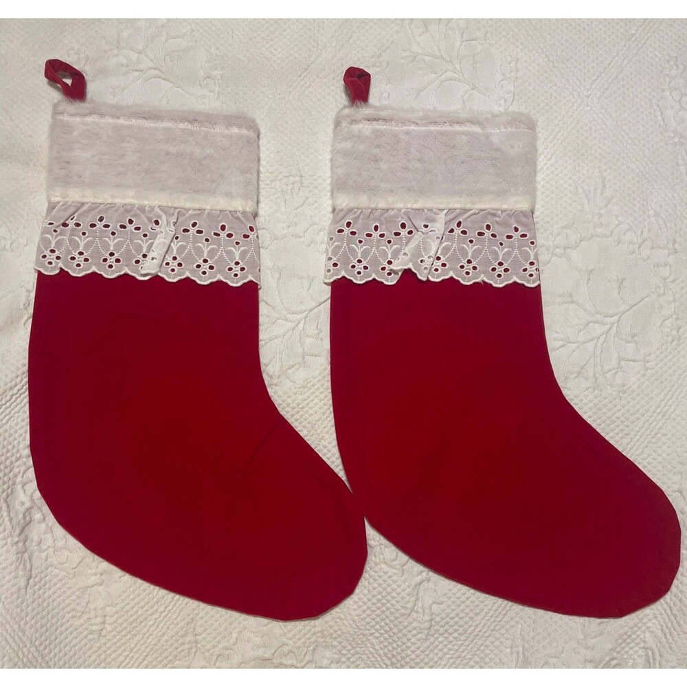 2 Red Velvety Christmas Stockings White Top Lace Trim 17x10” Santa Holiday Decor